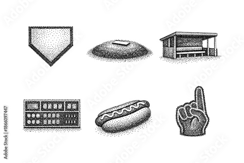 Vintage halftone baseball icons: home plate, pitcher's mound, dugout, scoreboard, hot dog, foam finger