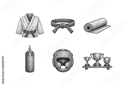 Vintage martial arts gear: dot art collection of essential equipment