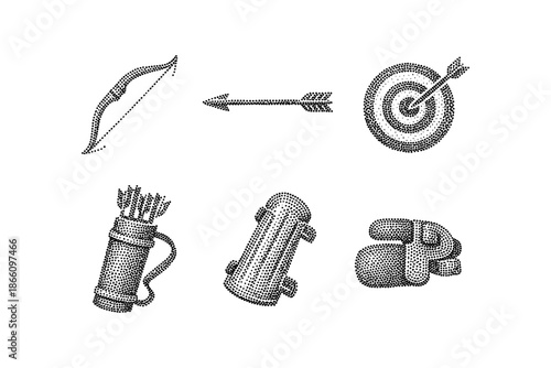 Vintage archery set: bow, arrow, target, quiver, armguard, glove in dot art style