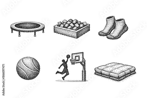 Halftone sports elements: trampoline, cube pit, socks, basketball, dunk, gym mat