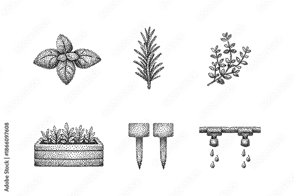 Fototapeta premium Stippled herb icons with drip irrigation and planter elements for gardening design