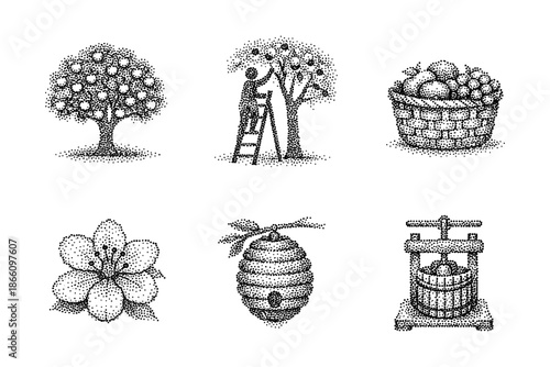 Vintage dotwork orchard icons featuring fruit trees, harvesting, and beekeeping