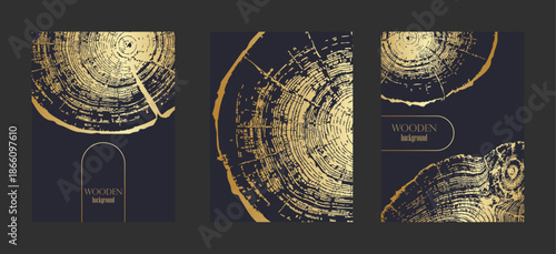Set of templates with wooden textures backgrounds Luxury golden wood grain collection for cards banners with place for text Elegant textures featuring growth patterns with circles Vector vertical card
