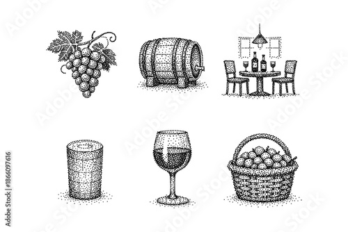 Vintage dot art: wine and grapes collection with stippling technique