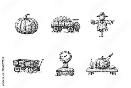 Vintage autumn harvest: dot art collection featuring pumpkins, scarecrow, and wagon