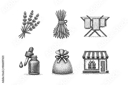 Vintage herbal set: lavender, oil dropper, dried herb bundle, sack, storefront icons