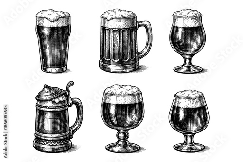 Vintage beer glasses collection with retro engraving style in black and white