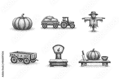 Farm harvest dot art: pumpkin, tractor, and scarecrow in stipple style