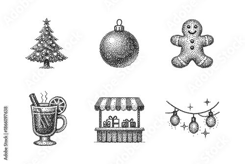 Festive holiday dot art: christmas tree, gingerbread, and more in pointillism style
