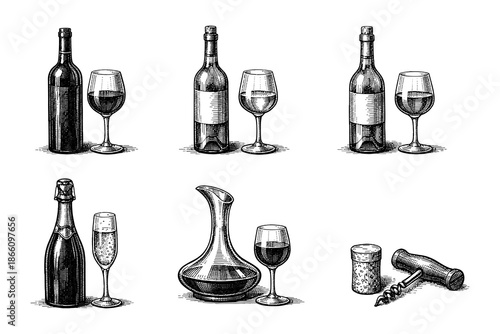 Elegant bottle and glass set featuring wine and champagne in vintage style