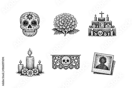 Dia de los muertos dot art: skull, flower, altar, candle, banner, portrait