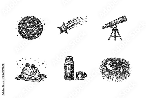Astronomy and camping: retro dot art of stargazing and celestial objects