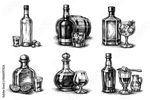 Vintage engraved bottles and glasses collection