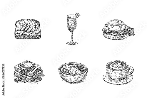 Retro stipple breakfast icons: coffee, pancakes, avocado toast, mimosa, bowl of cereal