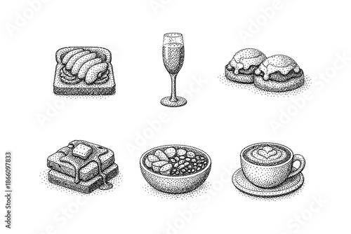 Vintage breakfast icons: dotted style images of coffee, pancakes, and brunch delights