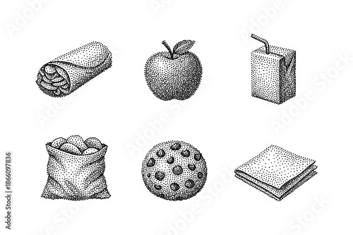 Halftone style food icons: burrito, apple, juice, chips, cookie, napkin