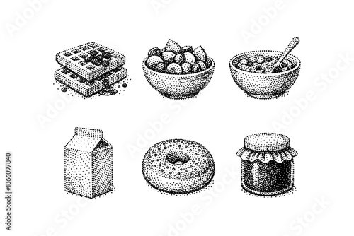 Hand-drawn halftone breakfast icons: waffles, cereal, milk, donut, jam, fruit bowl