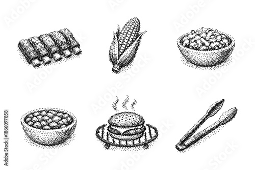 Vintage dot art bbq set: ribs, corn, mac and cheese, beans, burger, grilling tongs