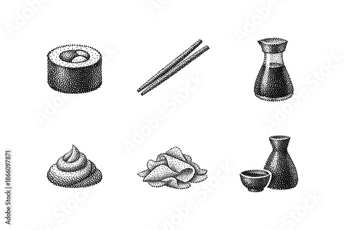 Halftone japanese cuisine icons: sushi roll, chopsticks, and soy sauce
