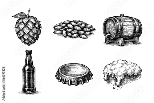 Vintage beer elements: hop, barrel, bottle, foam, cap, and malt