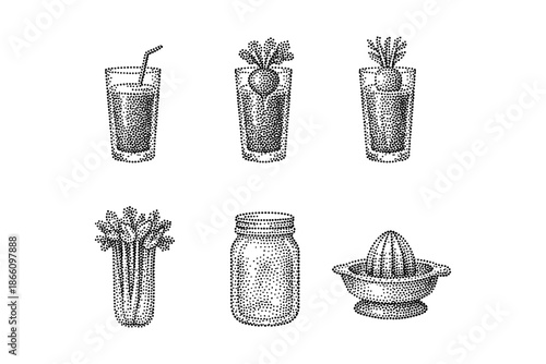 Hand drawn juice glasses collection with citrus fruits and juicer