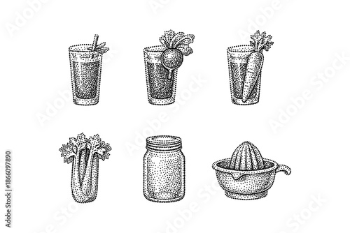 Vintage ink style fruit and vegetable juice glasses with citrus squeezer and mason jar