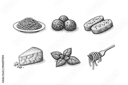 Hand drawn dotted icon set of italian cuisine ingredients and dishes