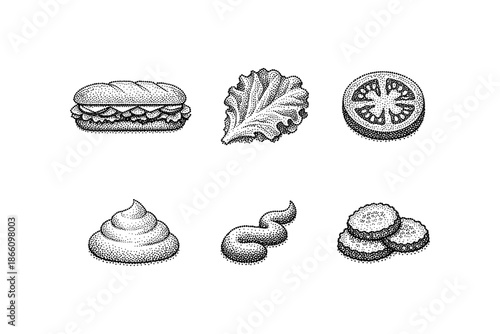 Halftone style fast food icons: sandwich, lettuce, tomato slice, sauce, spiral, cookies