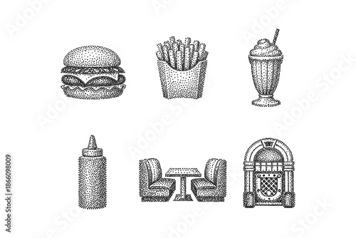 Vintage diner elements: dot art of burger, fries, milkshake, bottle, booth, jukebox