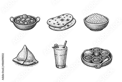 Halftone style black and white indian cuisine elements with snacks and beverages