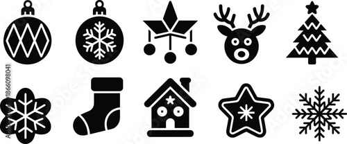 Christmas and winter holiday icon set featuring ornaments snowflakes reindeer tree stocking and festive decorations black vector symbols