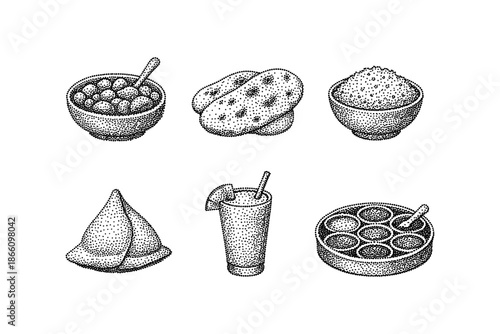 Traditional indian dishes in detailed dotwork style