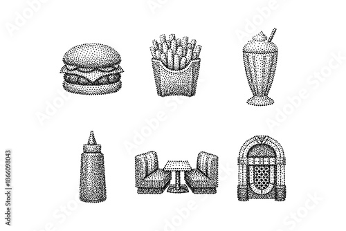Vintage halftone fast food icons featuring burger, fries, milkshake, and retro diner elements