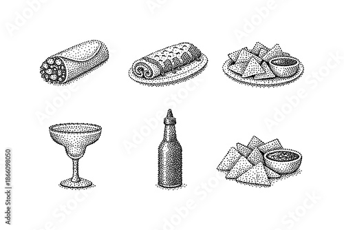 Vintage stippled mexican cuisine set with snacks and beverages