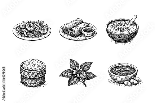 Hand-drawn dot art of asian cuisine: dim sum, sushi, noodles, and more