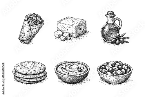 Halftone engraving style: mediterranean food illustrations featuring pita, feta, olive oil, hummus, tzatziki, falafel