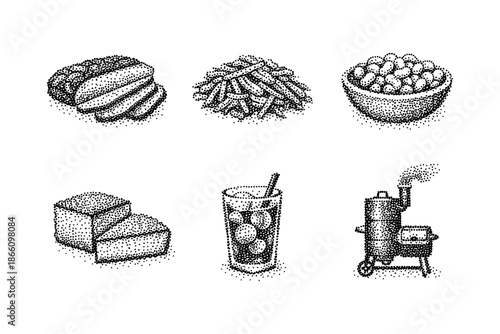 Dot art grilled food and drink collection in halftone style