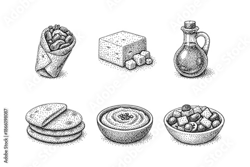 Hand-drawn halftone middle eastern cuisine with hummus and falafel