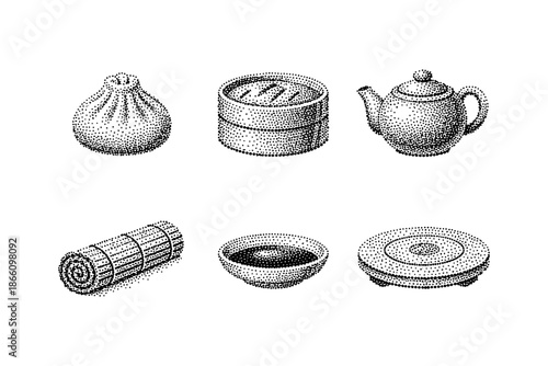 Traditional asian cuisine elements in pointillism style: dumplings, bamboo steamer, teapot, sushi mat, bowl, plate