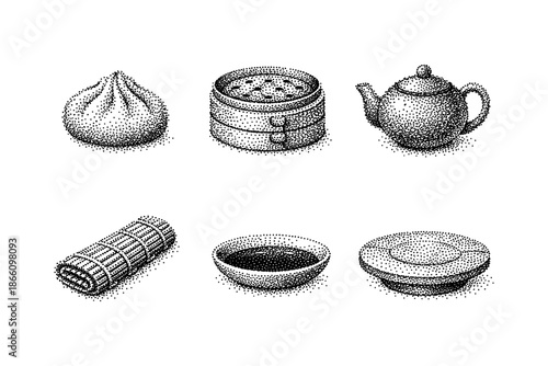 Pointillism style dim sum and tea collection with traditional chinese elements