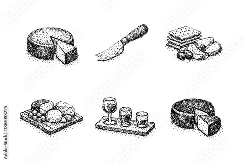 Gourmet cheese and wine set in stipple style with knife and crackers