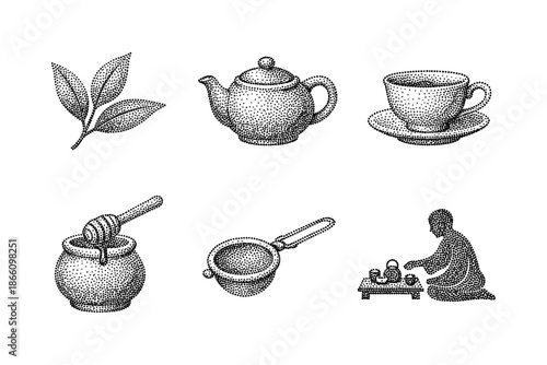 Vintage stipple tea ceremony with teapot, cup, leaves, and honey