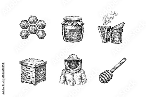 Stipple honey icons: beekeeping tools, honeycomb, and apiary essentials