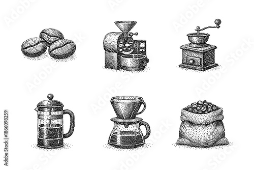 Retro coffee equipment with dotwork style: grinder, french press, coffee bag and beans