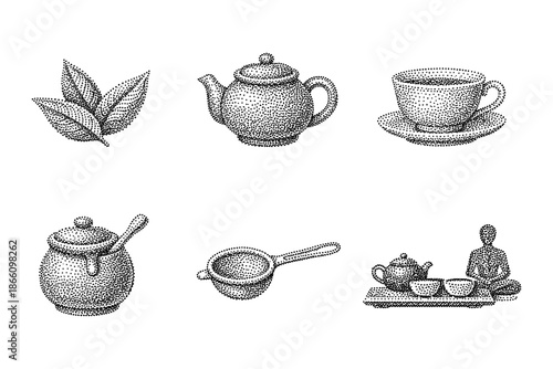 Vintage dot art tea set with tea leaves and buddha statue