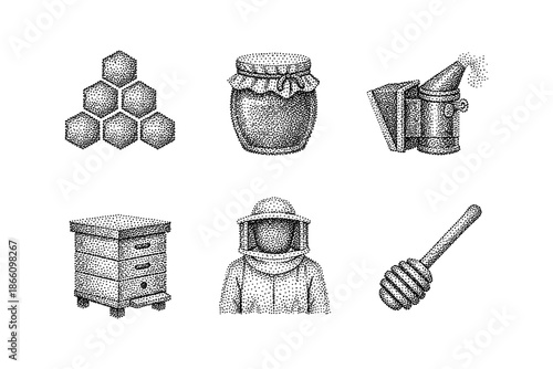 Vintage dot art beekeeping icons: honeycomb, jar, smoker, hive, beekeeper, dipper