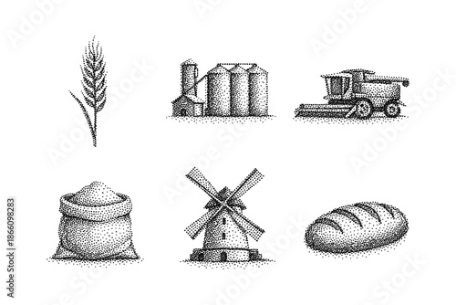 Vintage stipple farm icons: harvest and agriculture symbols in dot art