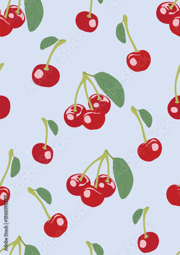 The cherries are bright red, appetizing, and have a shiny, glossy appearance, with cherry leaves still attached to the stems.