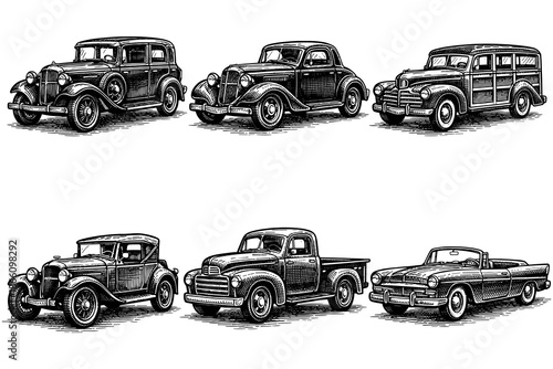Vintage classic cars collection in detailed hand drawn style for retro enthusiasts