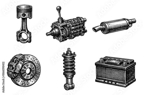 Detailed mechanical components in vintage retro engraving style